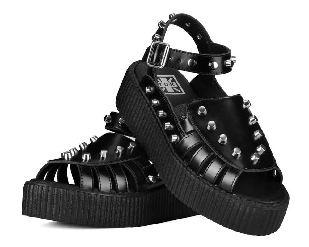 T.U.K. Shoes Black Leather Flat Studded Viva Mondo Sandal