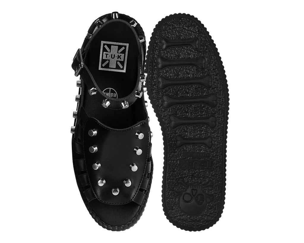 T.U.K. Shoes Black Leather Flat Studded Viva Mondo Sandal
