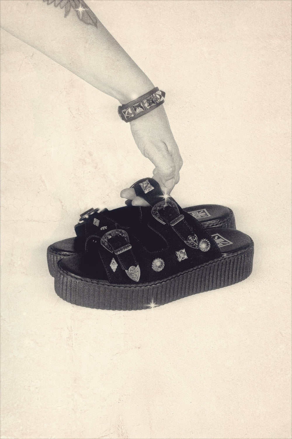T.U.K. Shoes Black Suede Western 2 Strap Viva Mondo Sandal