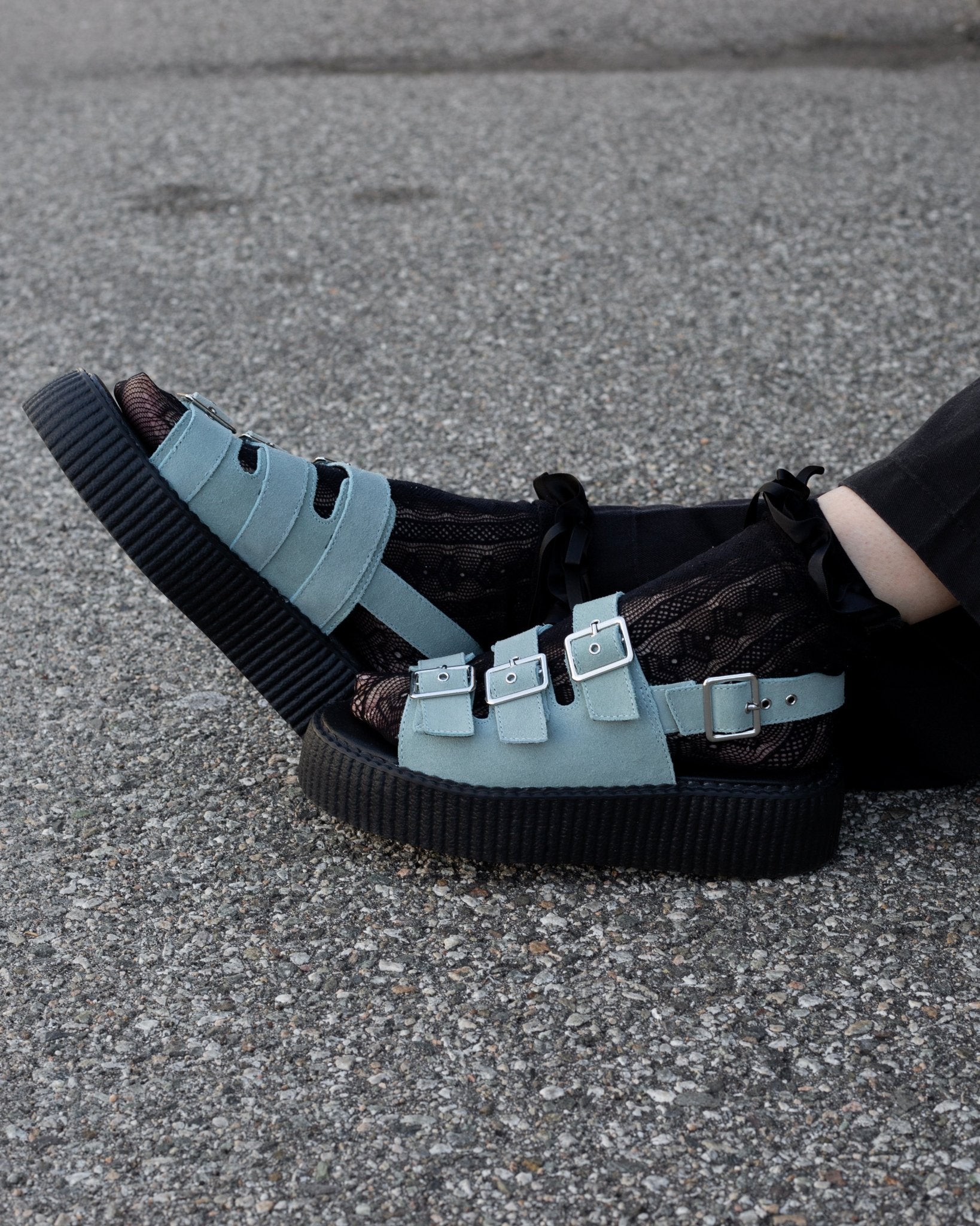 T.U.K. Shoes Pale Blue Suede 3 - Buckle Mondo Sandal