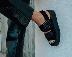 T.U.K. Shoes V3254L Black Suede Velcro Studded Sandal