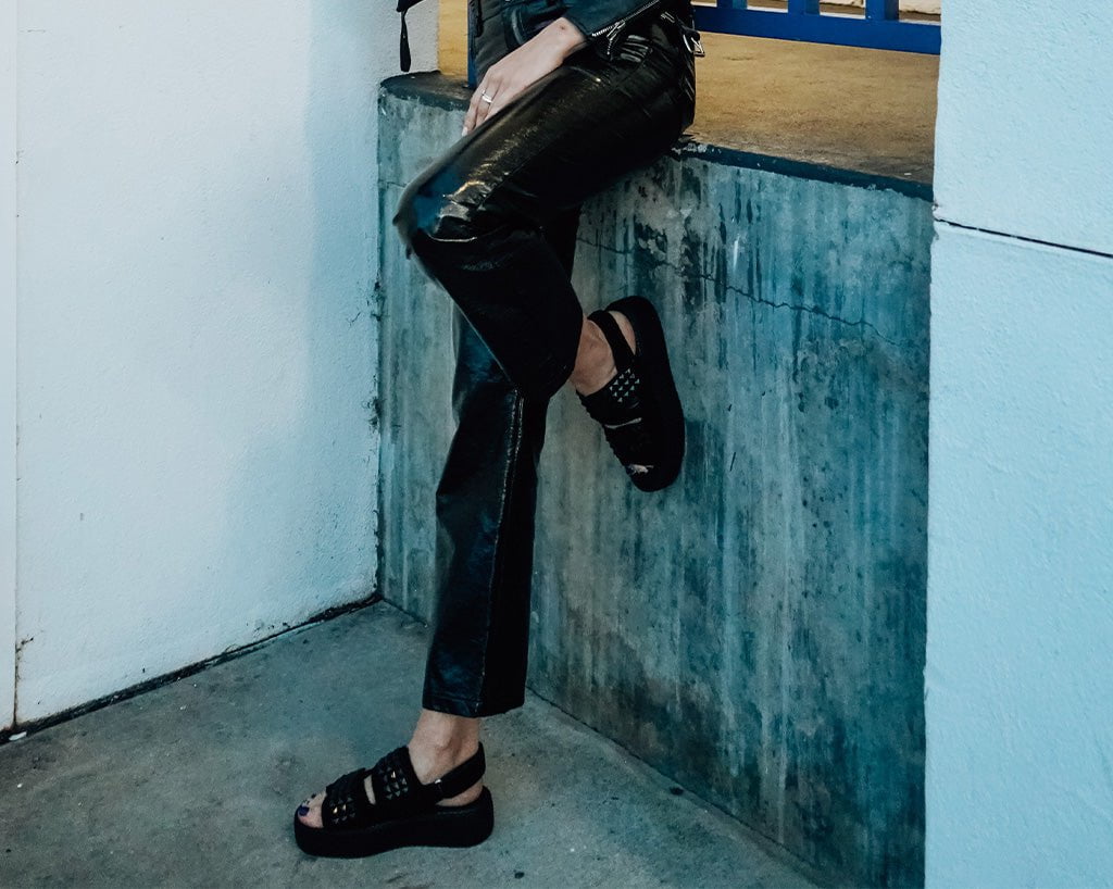 T.U.K. Shoes V3254L Black Suede Velcro Studded Sandal