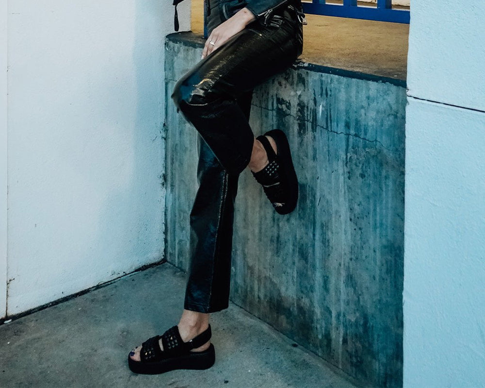T.U.K. Shoes V3254L Black Suede Velcro Studded Sandal