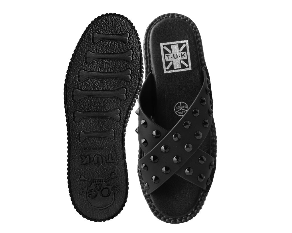 T.U.K. Shoes V3179L Black TUKskin™ Cross Strap Studded Sandal