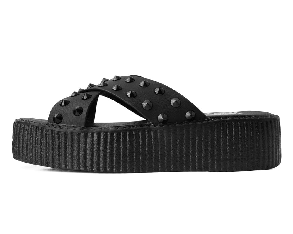 T.U.K. Shoes V3179L Black TUKskin™ Cross Strap Studded Sandal