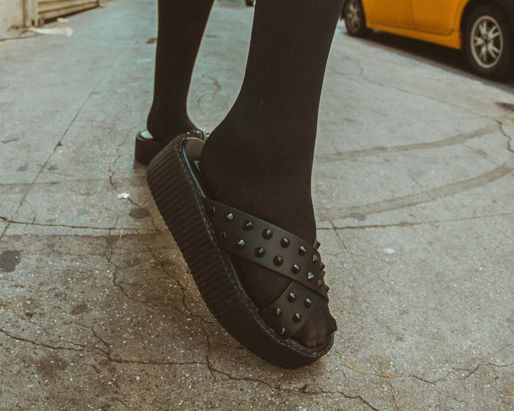 T.U.K. Shoes V3179L Black TUKskin™ Cross Strap Studded Sandal