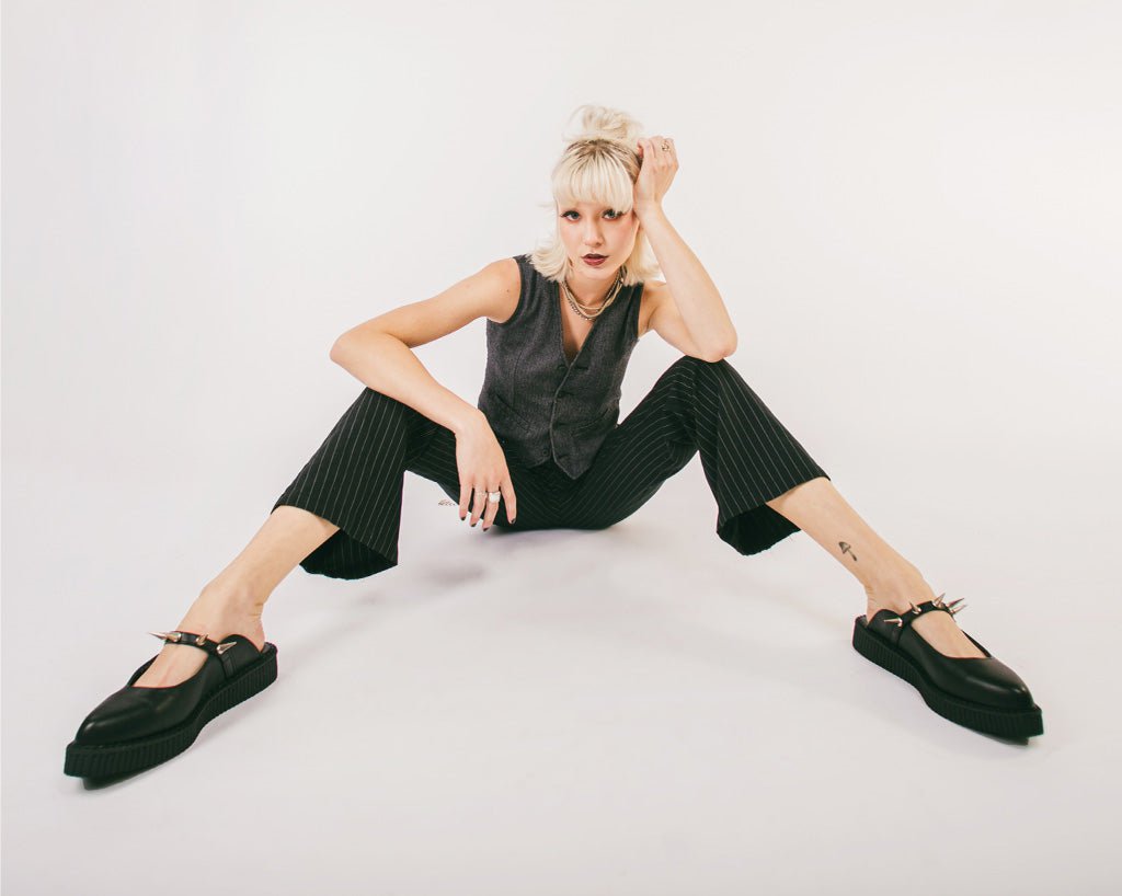 T.U.K. Shoes A9769L Black TUKskin™ Spike Strap Pointed Mule