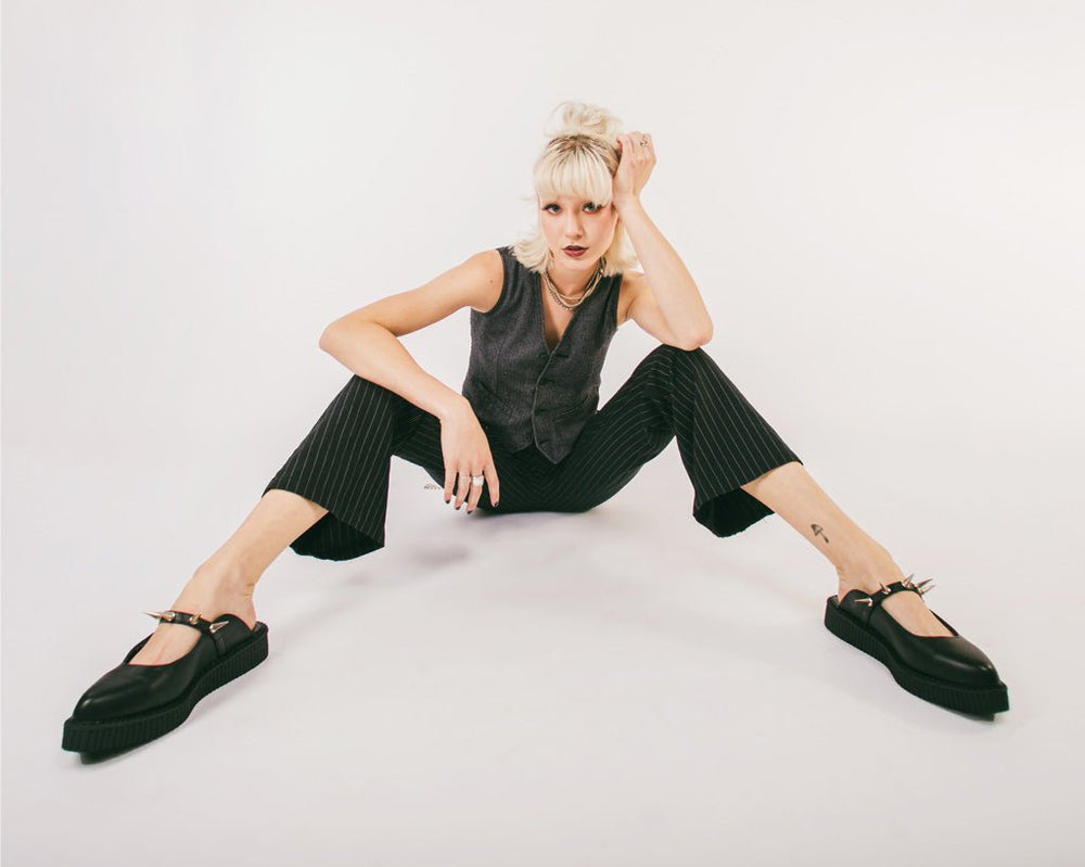 T.U.K. Shoes A9769L Black TUKskin™ Spike Strap Pointed Mule