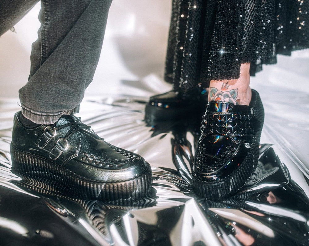 T.U.K. Shoes V3261L Black Rainbow Haze Studded Creeper Mule