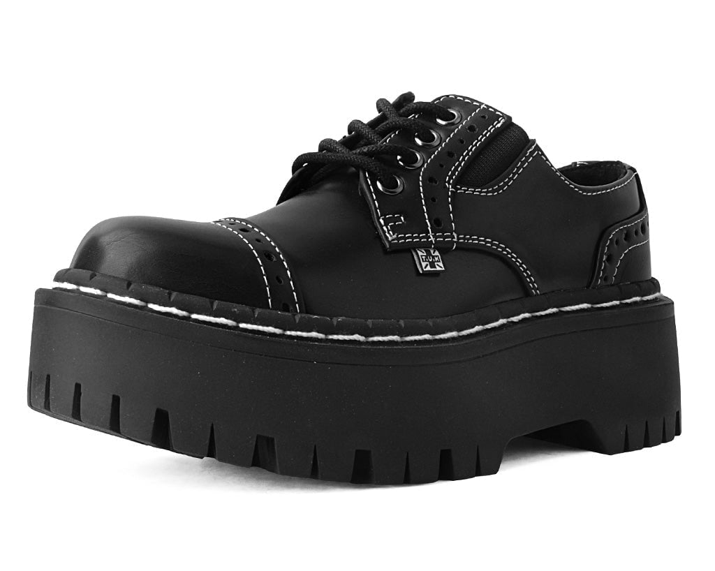T.U.K. Shoes A3030L Black Burnished Contrast Stitch Double Decker Brogue