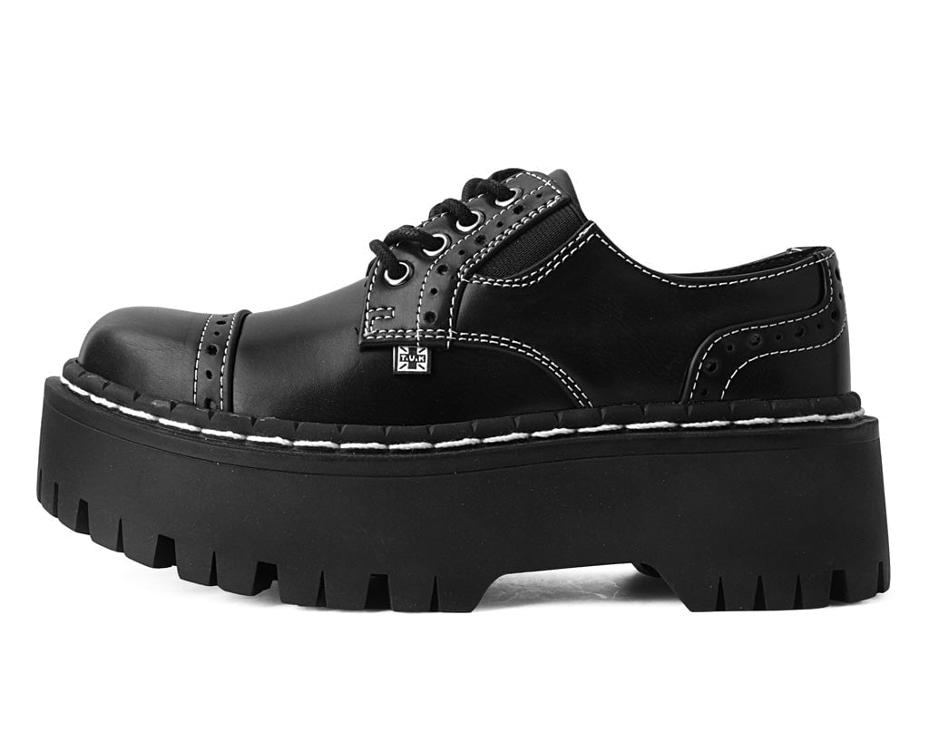 T.U.K. Shoes A3030L Black Burnished Contrast Stitch Double Decker Brogue