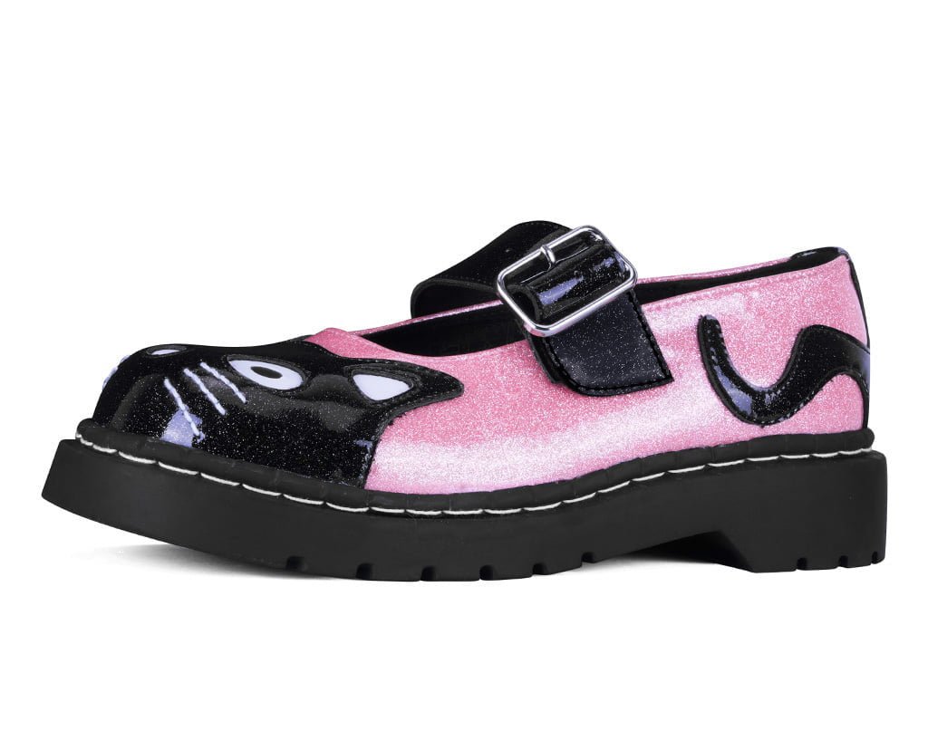 T.U.K. Shoes Black & Pink Vinyl Glitter Kitty Mary Jane