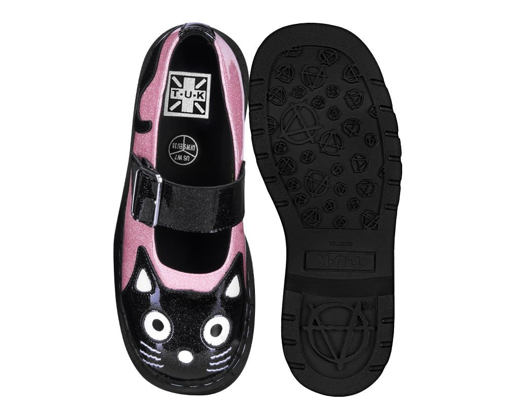 T.U.K. Shoes Black & Pink Vinyl Glitter Kitty Mary Jane