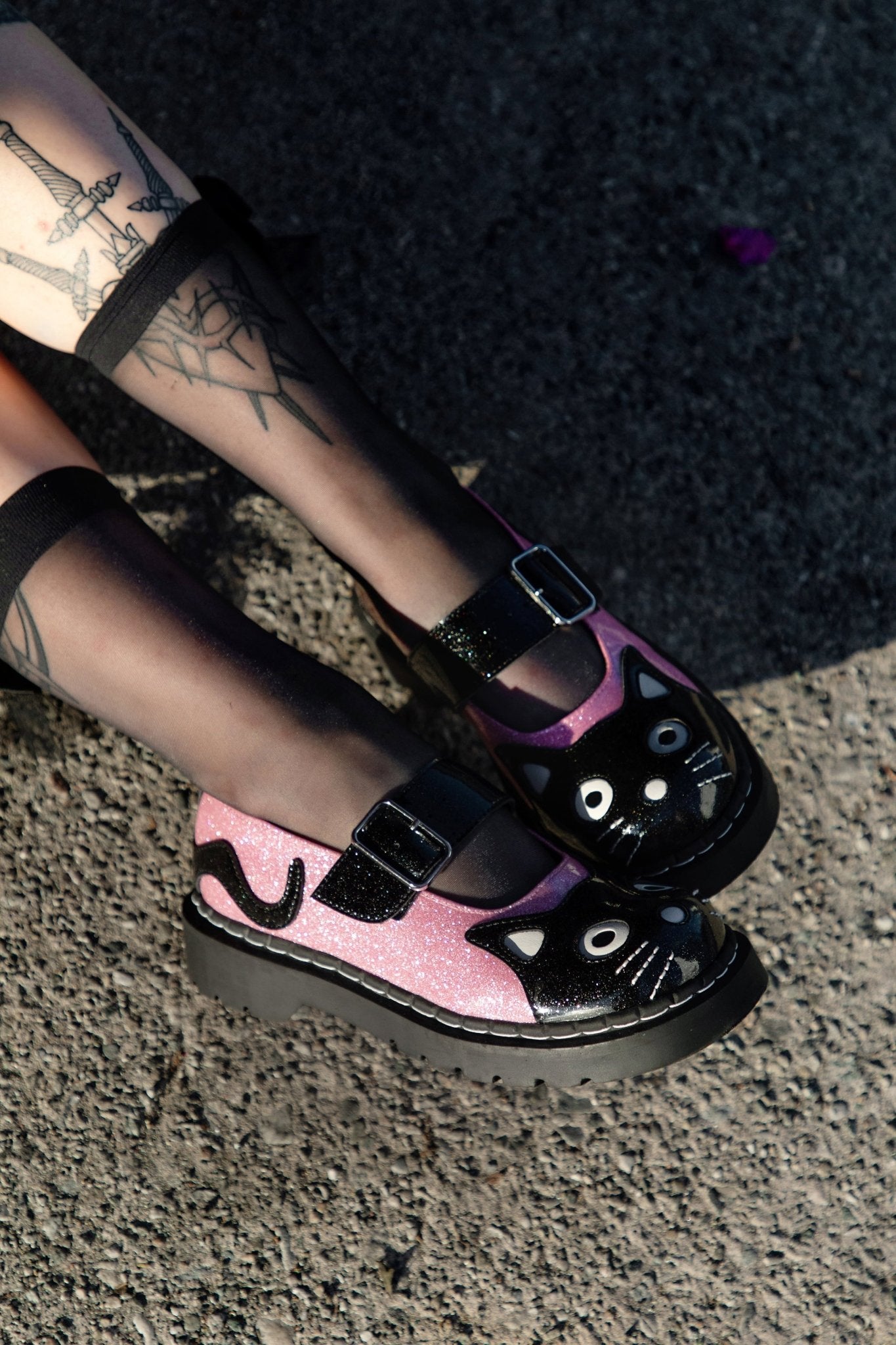 T.U.K. Shoes Black & Pink Vinyl Glitter Kitty Mary Jane