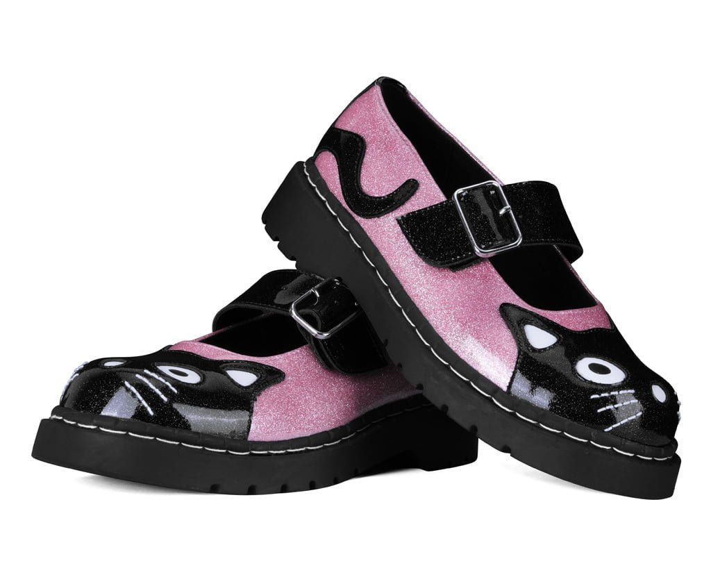 T.U.K. Shoes Black & Pink Vinyl Glitter Kitty Mary Jane