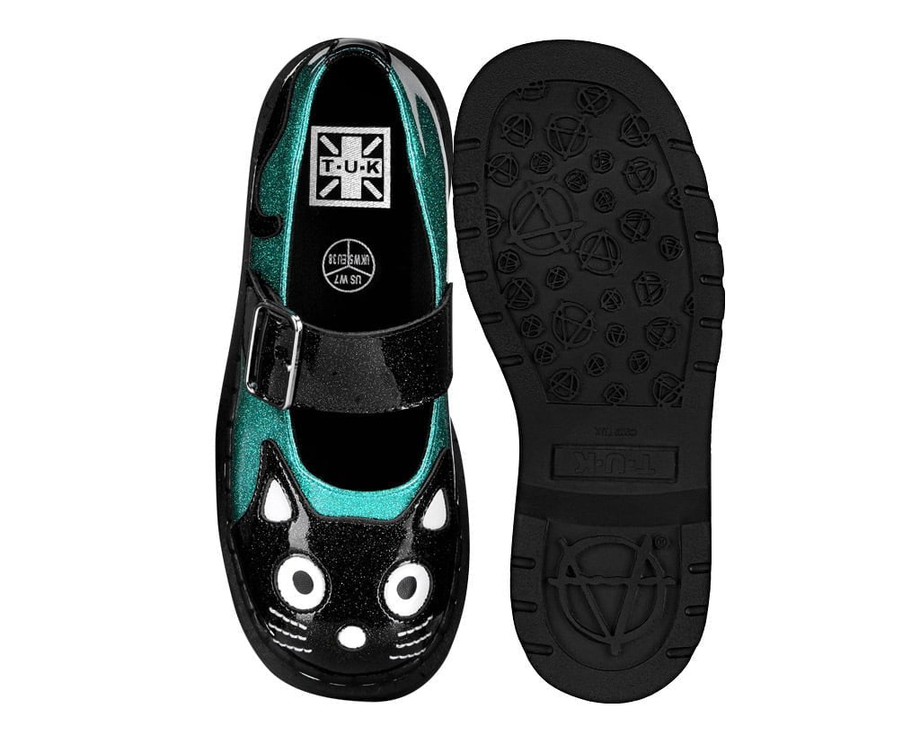 T.U.K. Shoes Black & Teal Vinyl Glitter Kitty Mary Jane