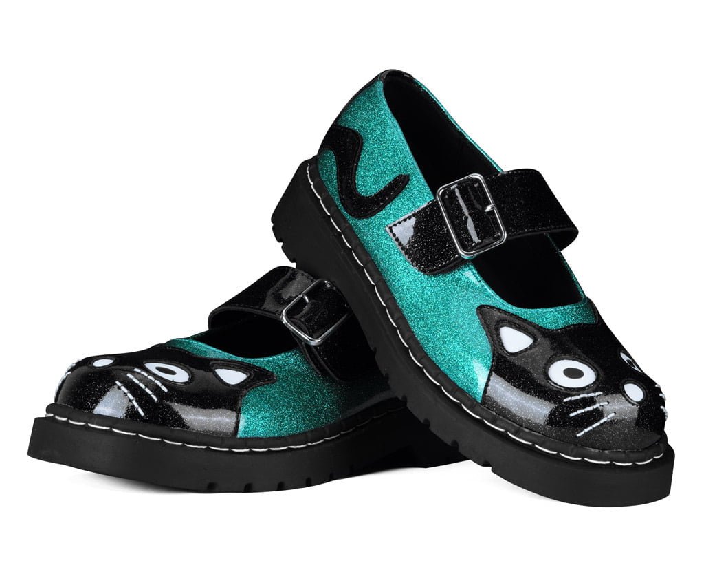 T.U.K. Shoes Black & Teal Vinyl Glitter Kitty Mary Jane