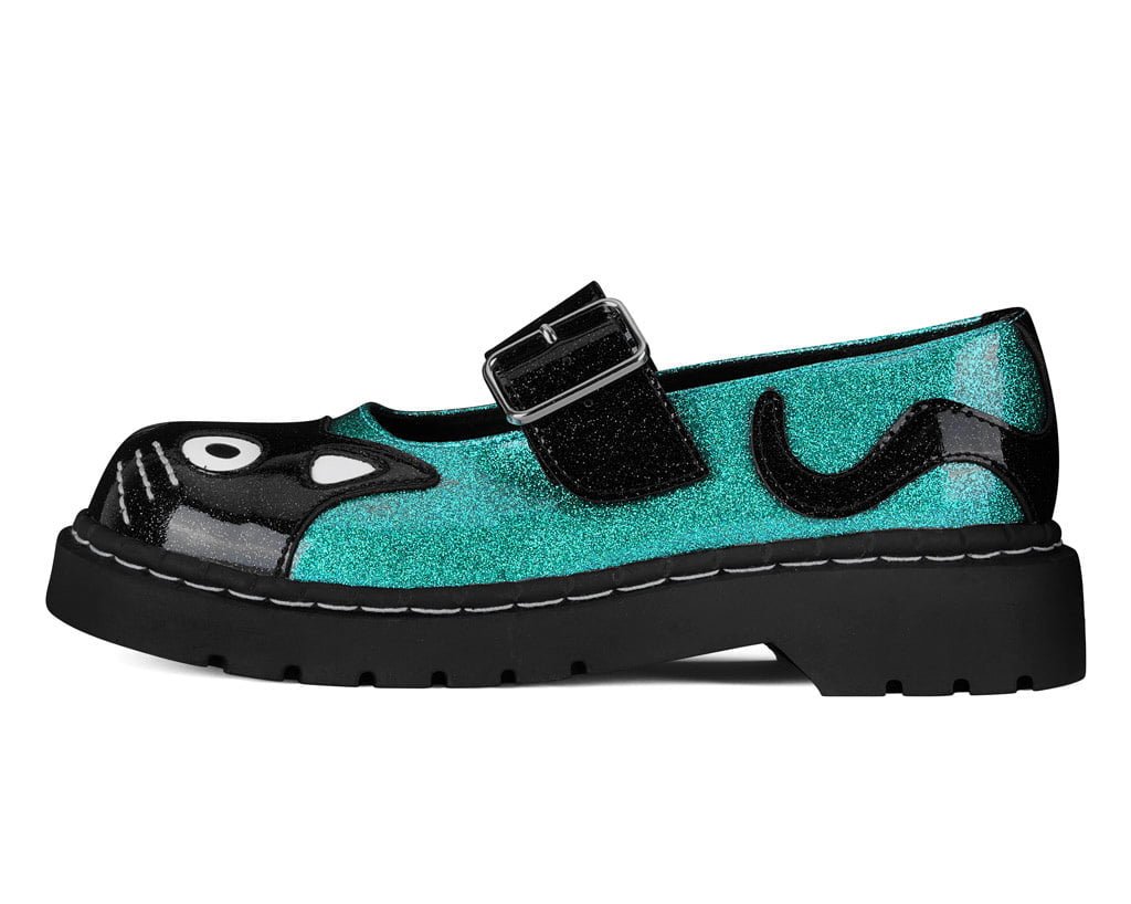 T.U.K. Shoes Black & Teal Vinyl Glitter Kitty Mary Jane