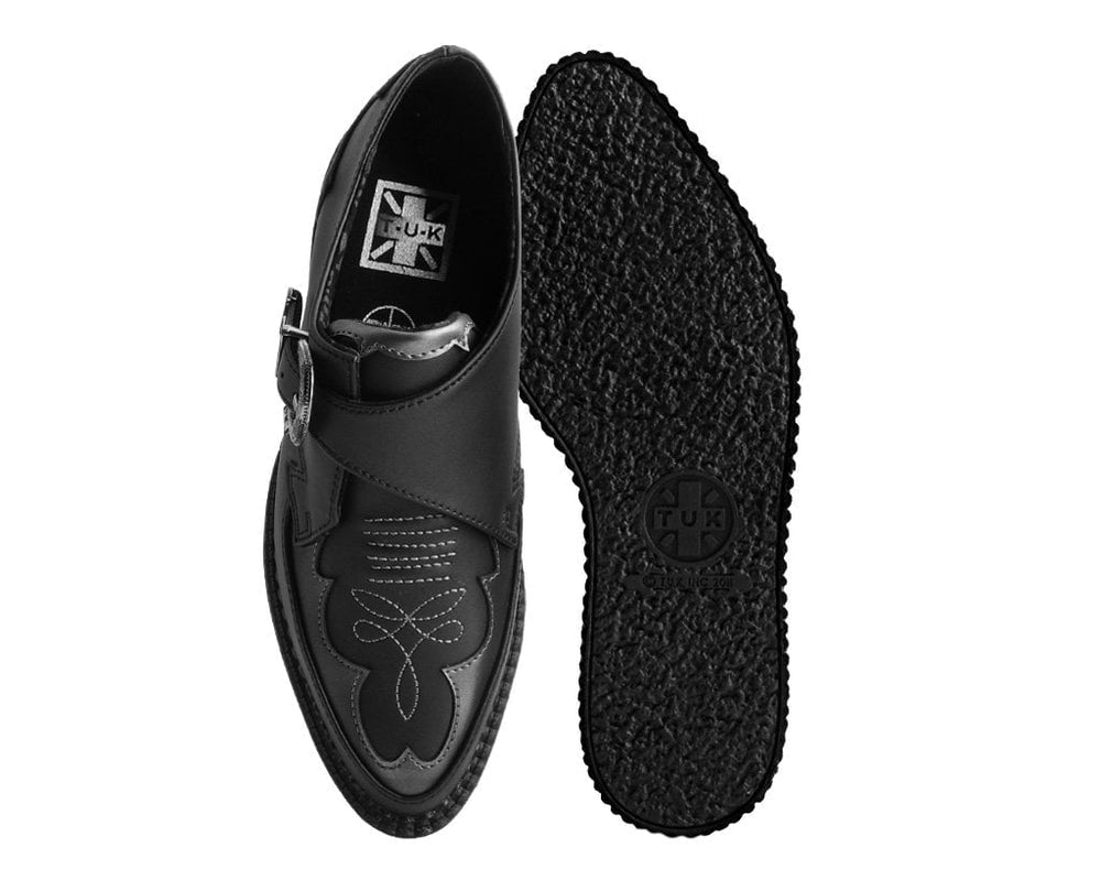 T.U.K. Shoes A9847 Black TUKskin™ Western Antique Buckle Pointed Creeper