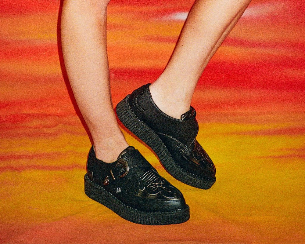T.U.K. Shoes A9847 Black TUKskin™ Western Antique Buckle Pointed Creeper