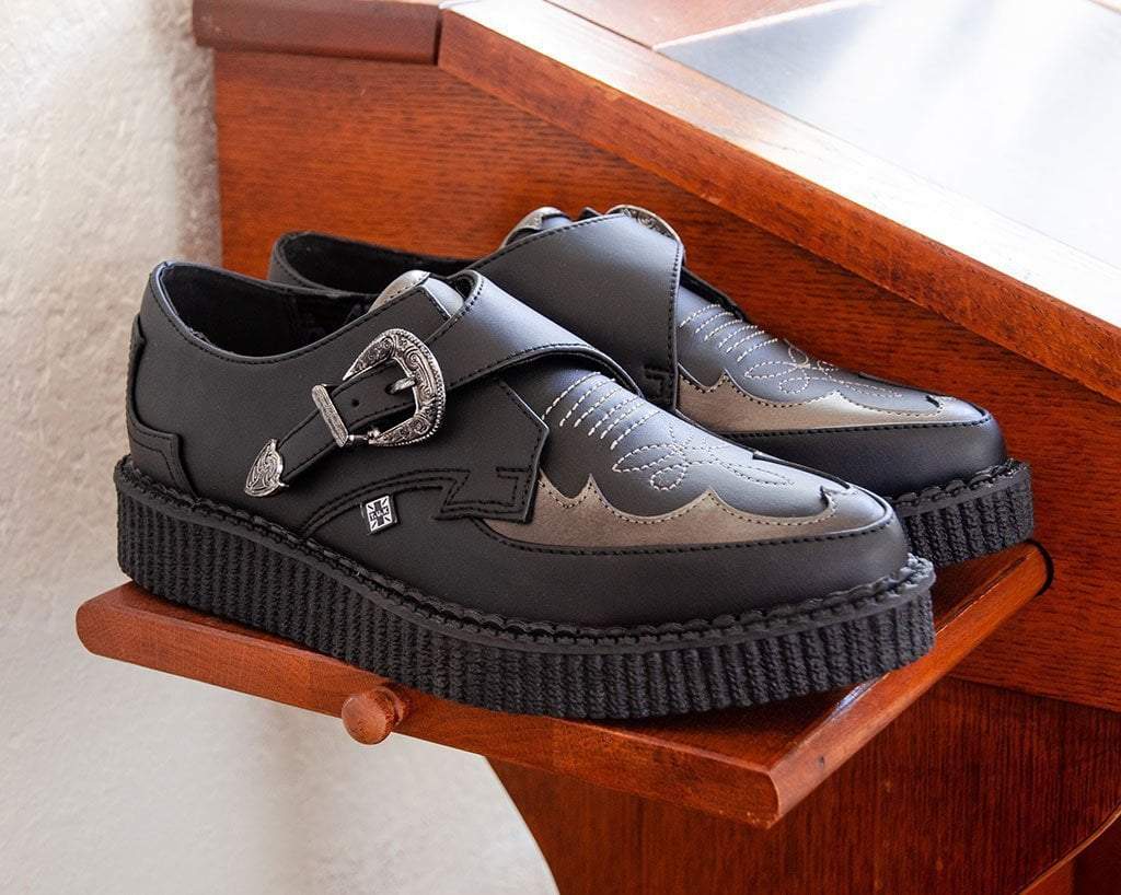 T.U.K. Shoes A9847 Black TUKskin™ Western Antique Buckle Pointed Creeper