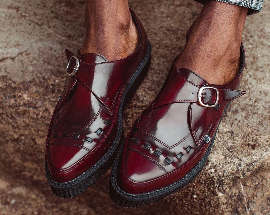T.U.K. Shoes A9856 Burgundy Rub Off TUKskin™ Monk Buckle Creeper