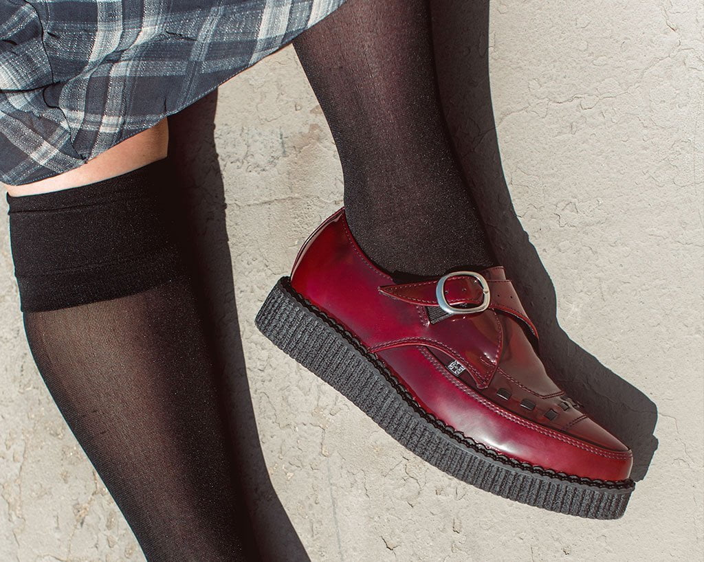 T.U.K. Shoes A9856 Burgundy Rub Off TUKskin™ Monk Buckle Creeper