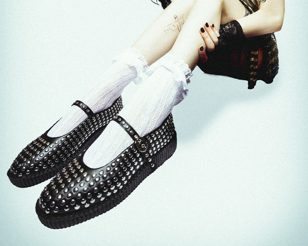 T.U.K. Shoes F3275L Black TUKskin Flat Stud Viva Low Mary Jane