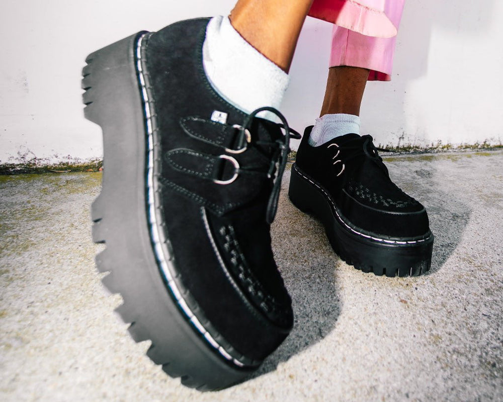 T.U.K. Shoes A3051 Black Suede Interlace Double Decker Creeper