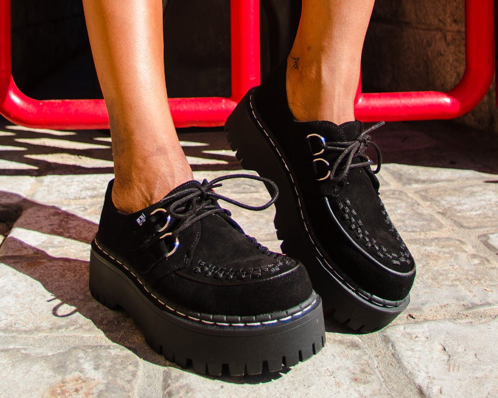 T.U.K. Shoes A3051 Black Suede Interlace Double Decker Creeper
