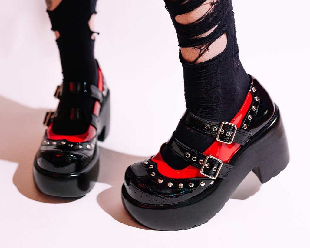 T.U.K. Shoes A3274L Black & Red Patent Brogue Bubble Mary Jane