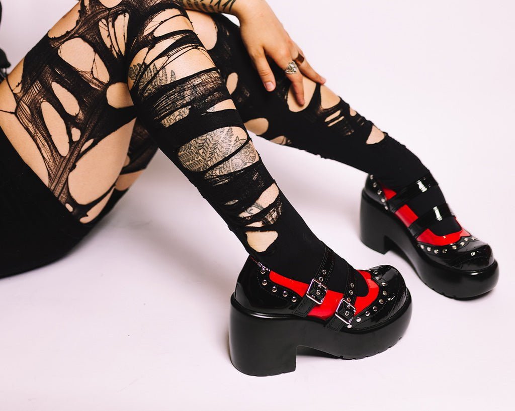 T.U.K. Shoes A3274L Black & Red Patent Brogue Bubble Mary Jane
