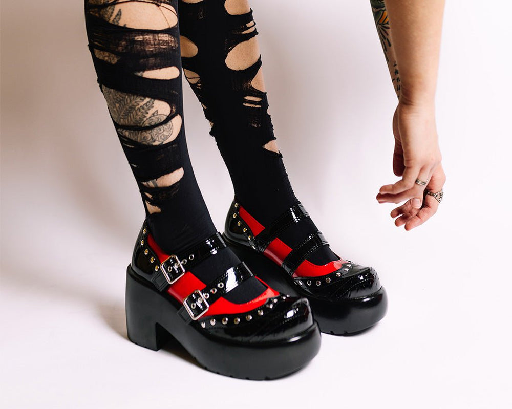 T.U.K. Shoes A3274L Black & Red Patent Brogue Bubble Mary Jane