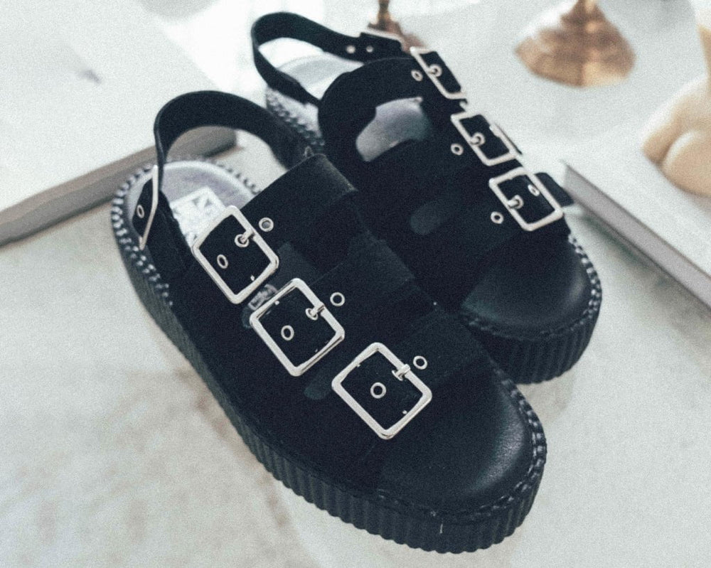 T.U.K. Shoes V3141L Black Faux Suede 3-Buckle Mondo Sandal
