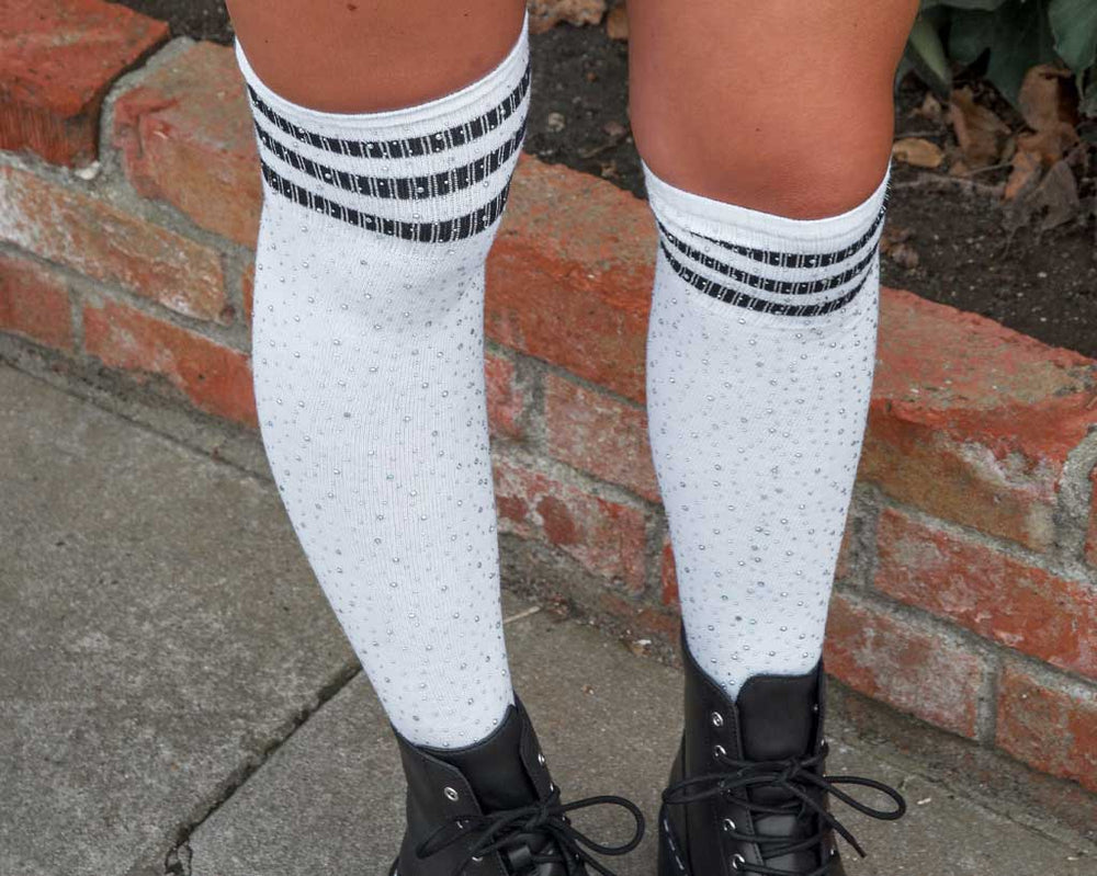 T.U.K. Shoes TSK1124 Black & White Varsity Rhinestone Over-The-Knee Sock TSK1124-OS