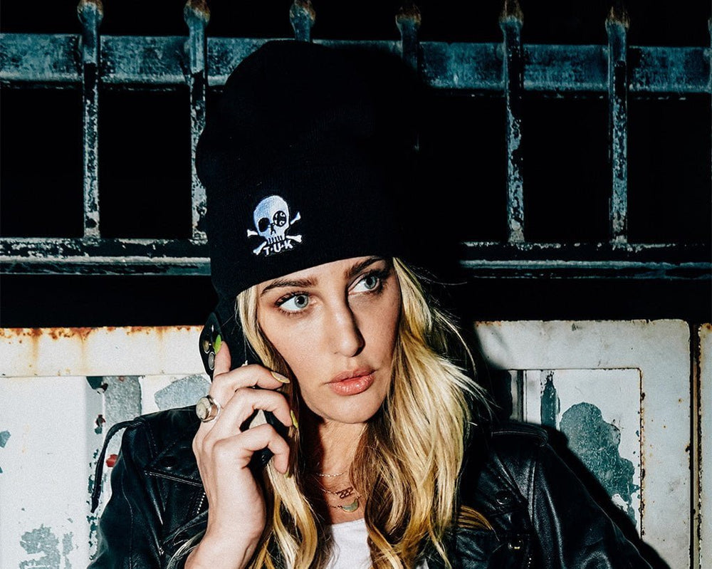 T.U.K. Shoes HT03-OS Black Skull Embroidery Beanie HT03-OS