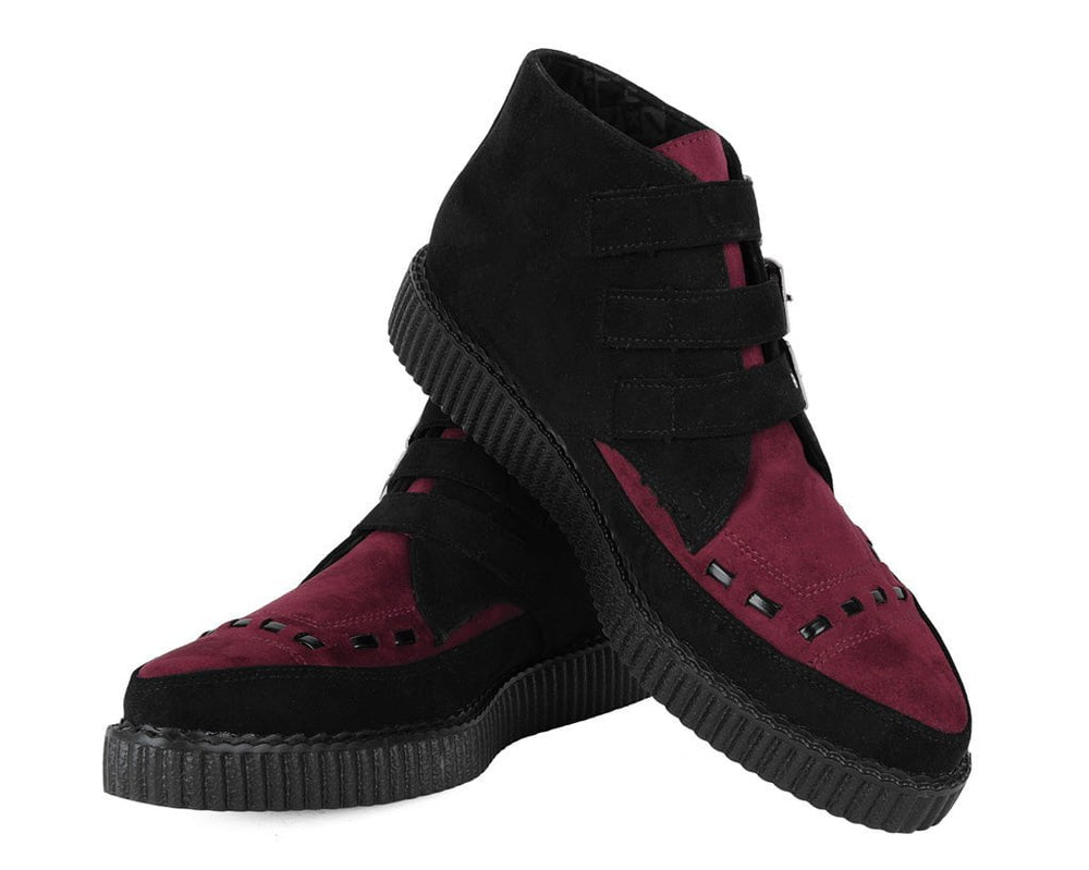 T.U.K. Shoes A3290 Black & Burgundy 3-Buckle Pointed Creeper Boot