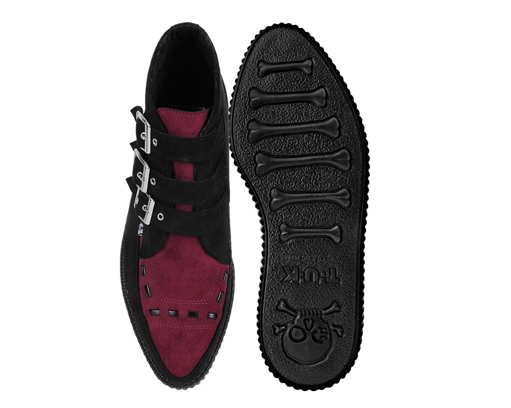 T.U.K. Shoes A3290 Black & Burgundy 3-Buckle Pointed Creeper Boot
