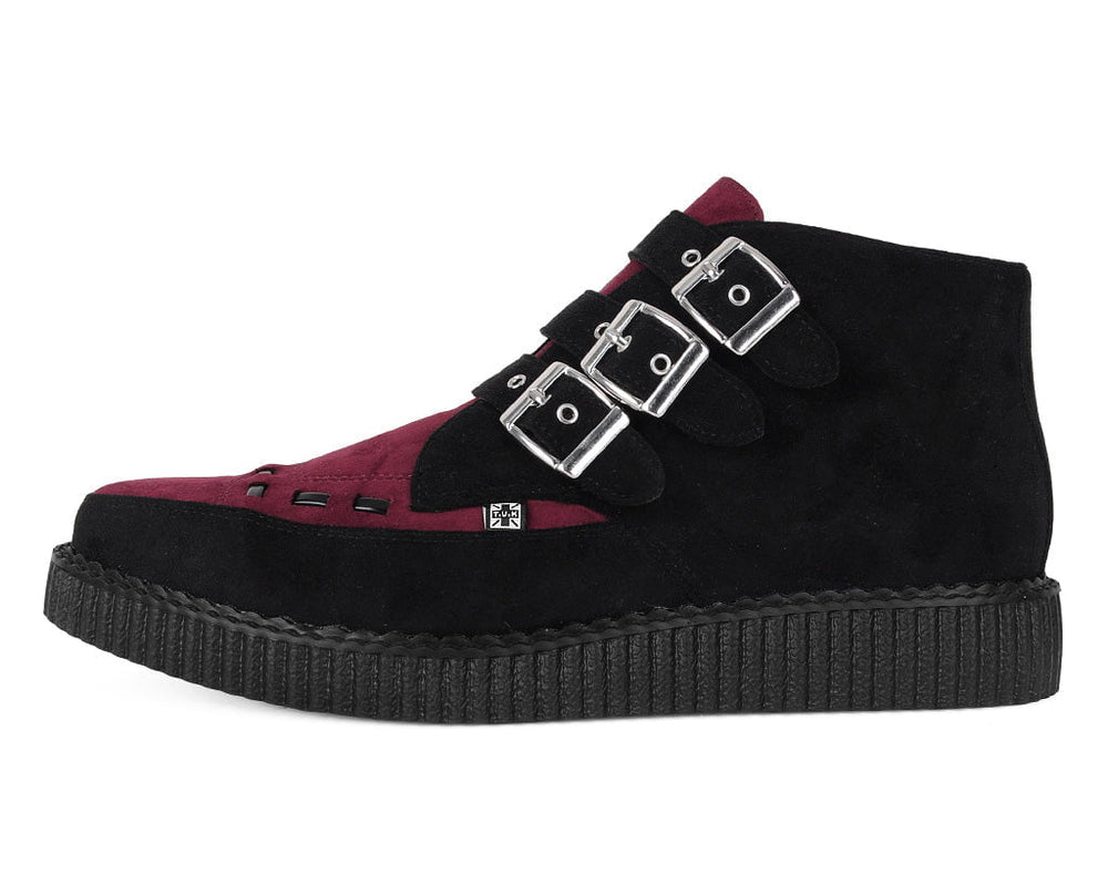 T.U.K. Shoes A3290 Black & Burgundy 3-Buckle Pointed Creeper Boot