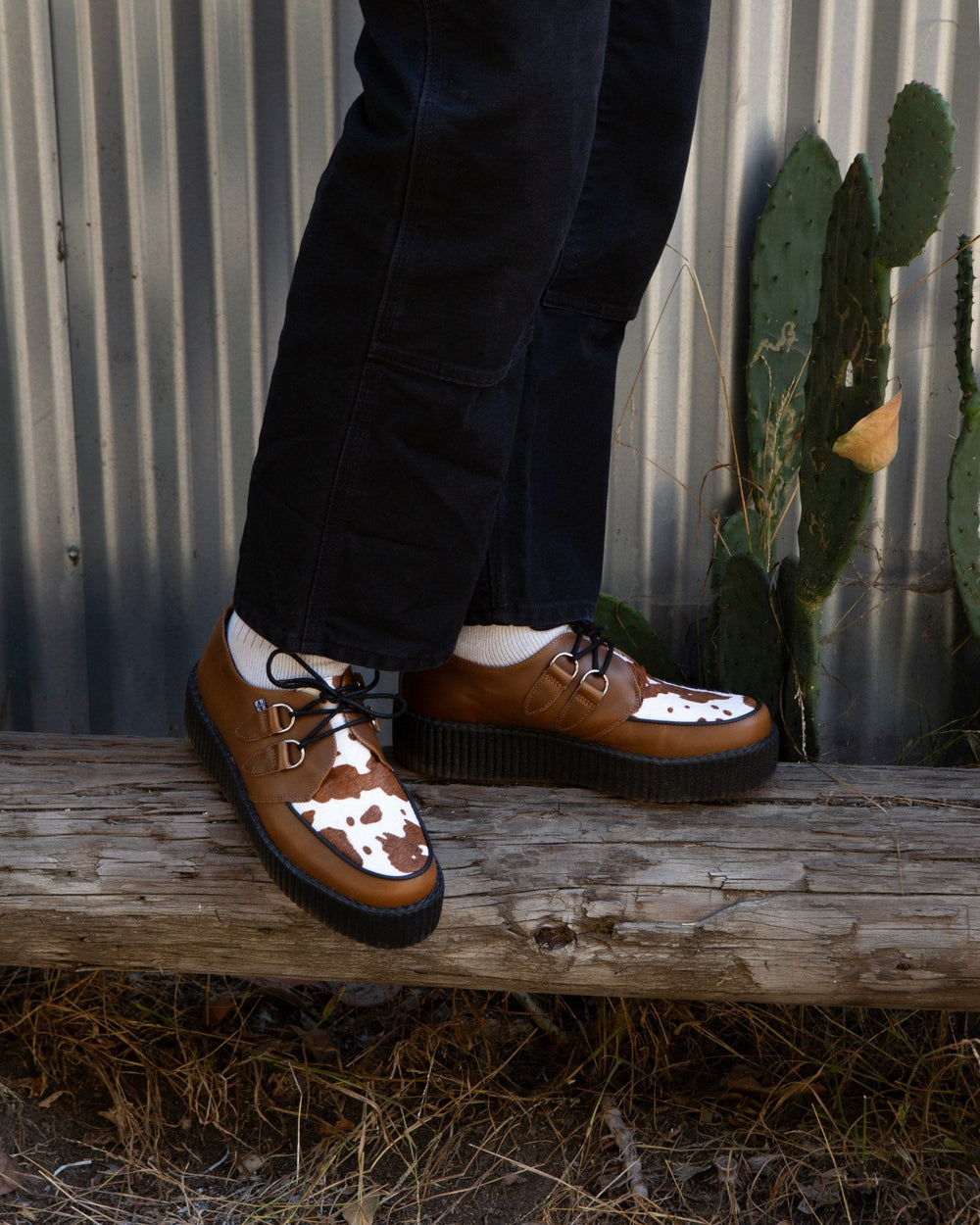 T.U.K. Shoes V3410 Brown Leather Cow Print Viva Mondo Creepers
