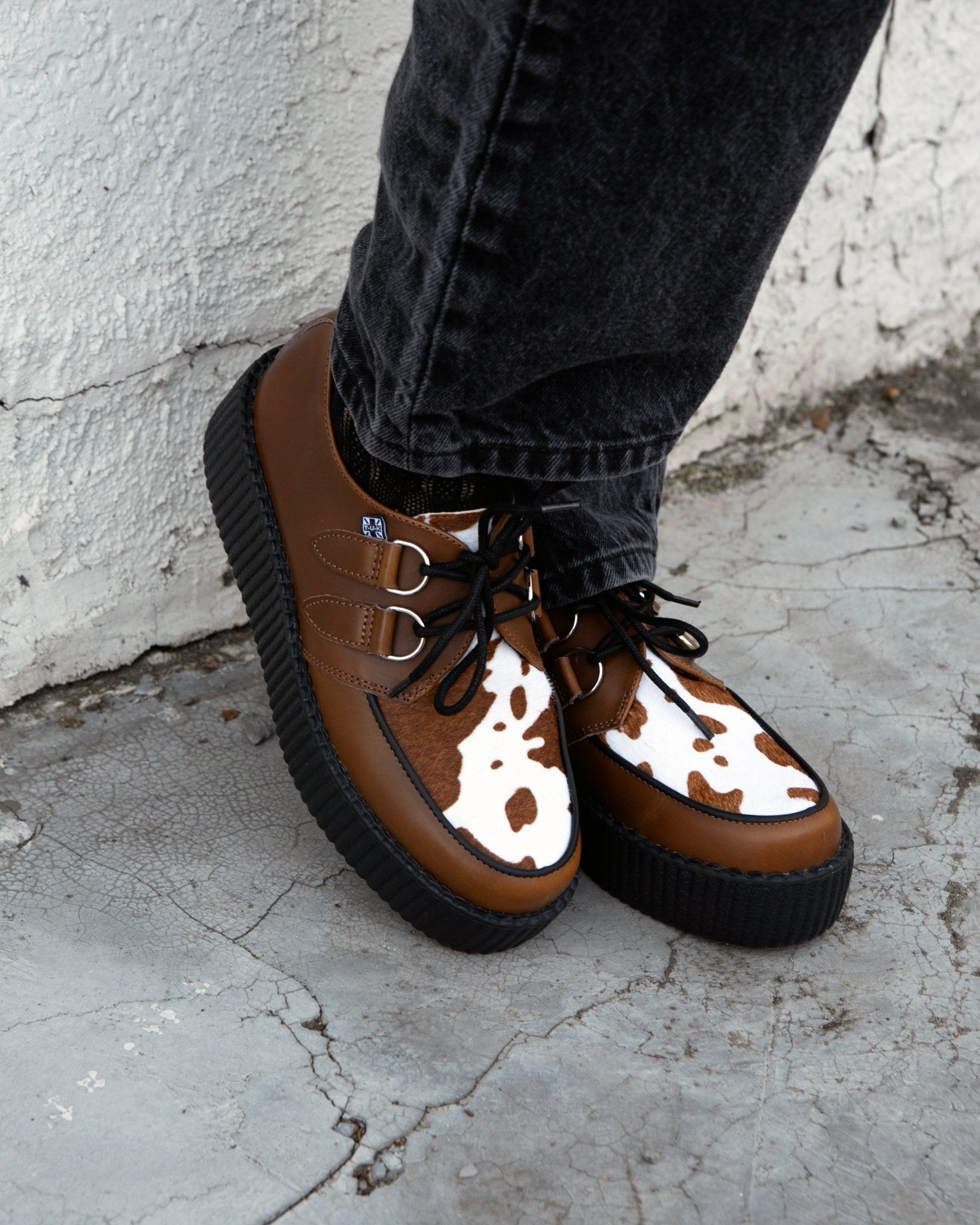 T.U.K. Shoes V3410 Brown Leather Cow Print Viva Mondo Creepers