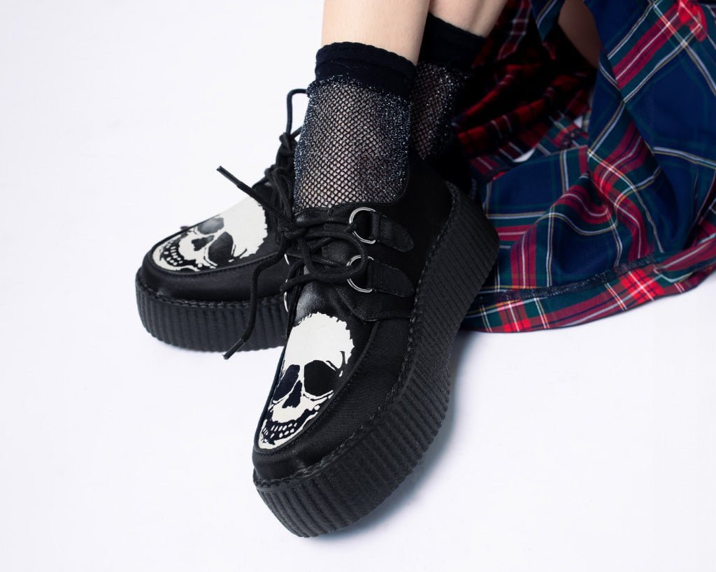 T.U.K. Shoes V3221 Black Satin Glow Skull Viva Mondo Creeper