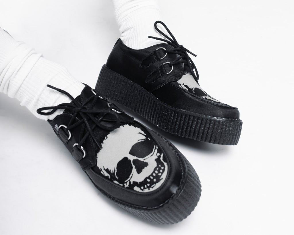 T.U.K. Shoes V3221 Black Satin Glow Skull Viva Mondo Creeper