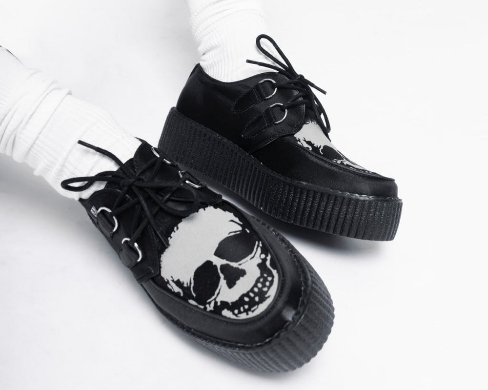 T.U.K. Shoes V3221 Black Satin Glow Skull Viva Mondo Creeper