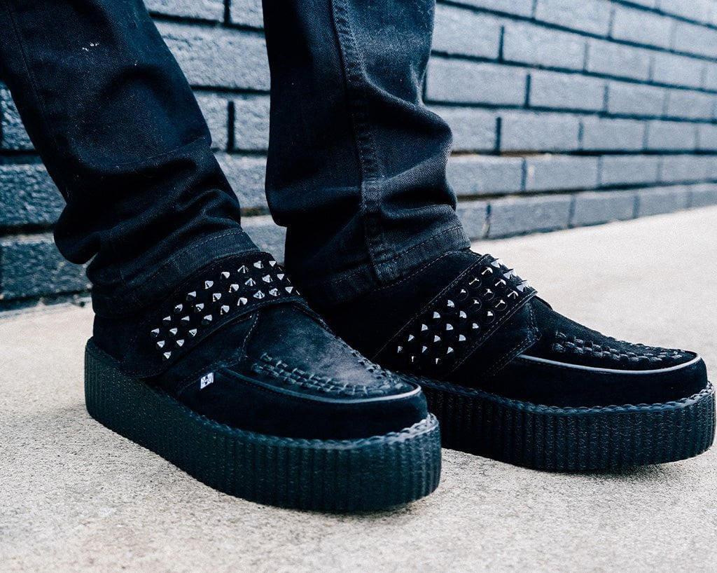 T.U.K. Shoes V3262 Black Suede Studded Strap Viva Mondo Creeper