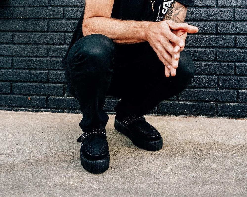 T.U.K. Shoes V3262 Black Suede Studded Strap Viva Mondo Creeper