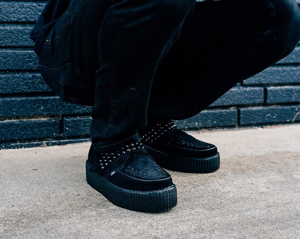 T.U.K. Shoes V3262 Black Suede Studded Strap Viva Mondo Creeper