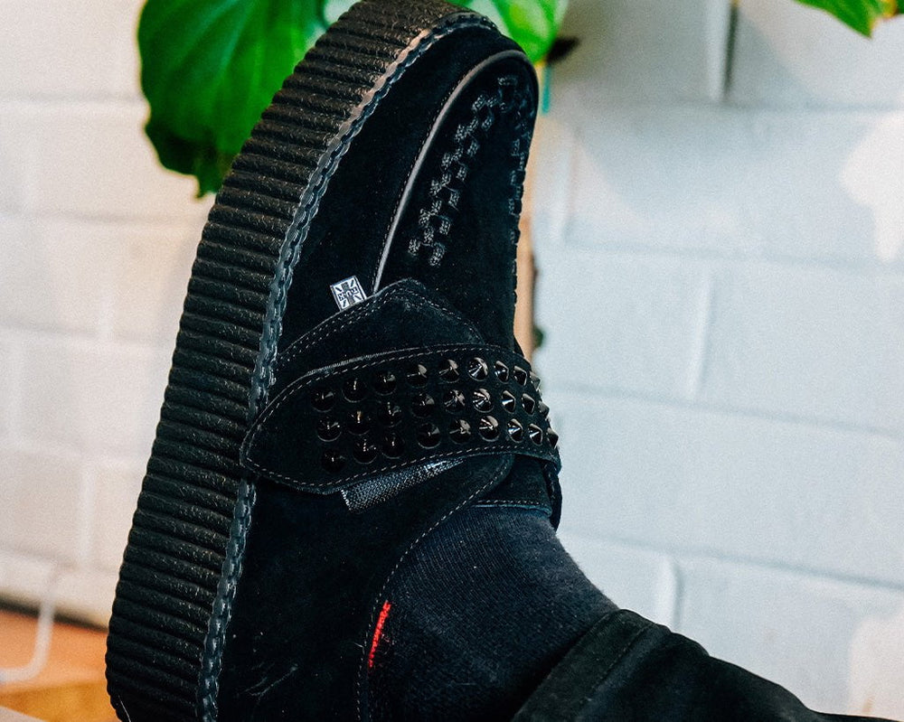 T.U.K. Shoes V3262 Black Suede Studded Strap Viva Mondo Creeper