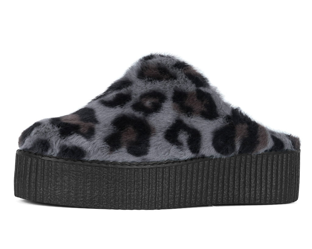 T.U.K. Shoes V3445L Grey Leopard Faux Fur Creeper Mule