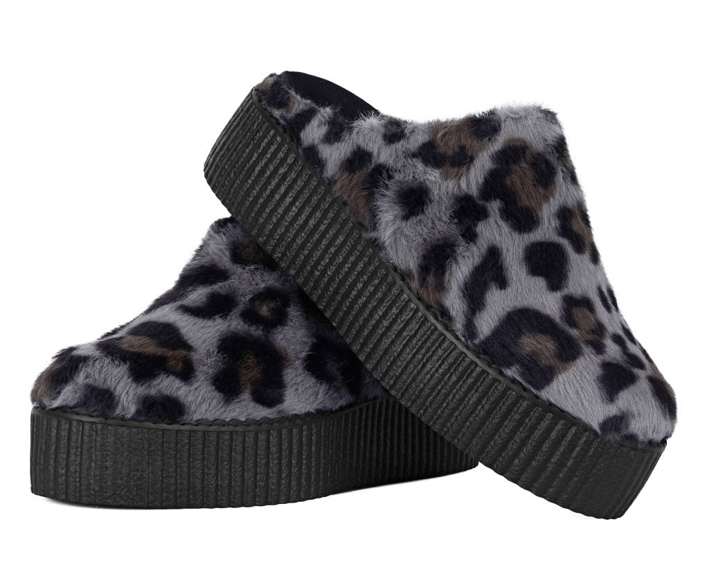 T.U.K. Shoes V3445L Grey Leopard Faux Fur Creeper Mule